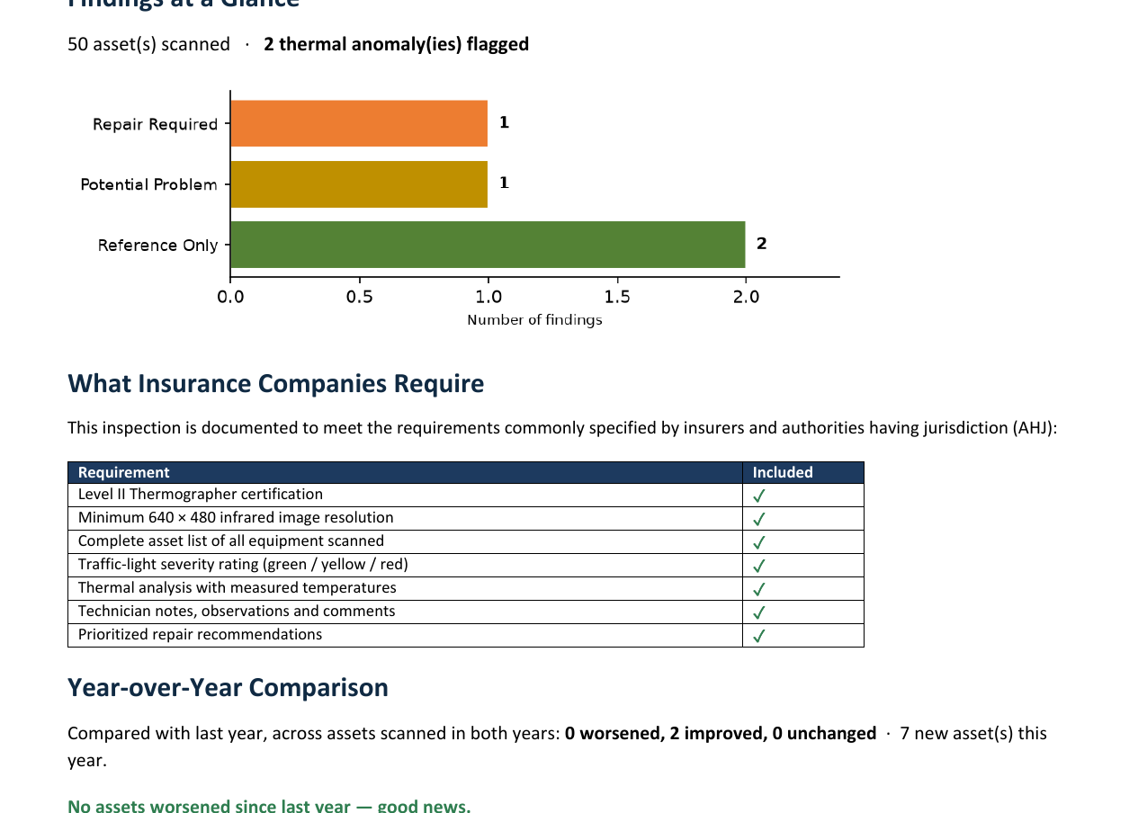 DTI Suite management summary: findings-by-severity chart and insurance-ready requirements checklist